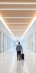 Fototapeta premium A traveler walking with a suitcase down a modern, spacious hall with bright lighting.