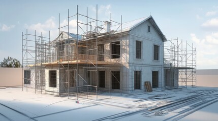 Obraz premium Renovation of a Traditional Home with Reinforced Walls and Second Story Addition, Scaffolding Surrounding House for Reconstruction Works.