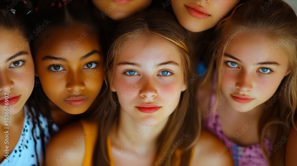 Wall mural A group of young girls with blue eyes looking at the camera