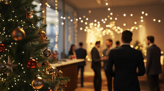 Office Christmas party with tree and festive lights in background.