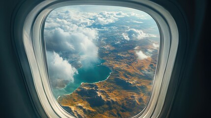 Fototapeta premium Oil painting depicting a stunning landscape viewed through an aircraft window showcasing a picturesque natural scene