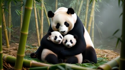 Obraz premium Beautiful panda hugging her cubs