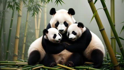 Naklejka premium Beautiful panda hugging her cubs