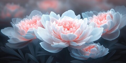 Obraz premium Close-up view of delicate white and pink peonies in bloom, Close up of blooming white and pink peonies