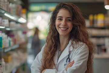 Happy female pharmacist standing in a drug store, Generative AI