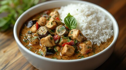 Traditional Thai green curry with chicken, eggplant, and Thai basil, served in a white bowl with a side of jasmine rice