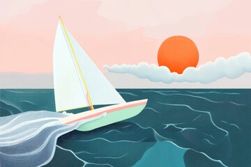 Naklejka premium Sailing boat view with stormy sky and sunset rays featuring an epic seascape with dark clouds and deep cyclone
