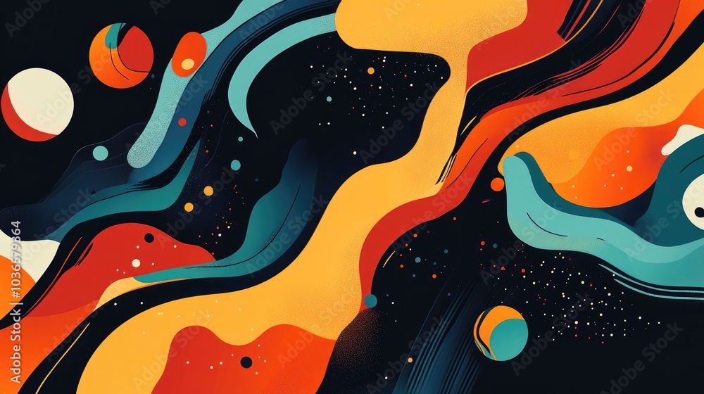 Poster flat design illustration featuring abstract shapes and forms with a vibrant color palette creating a