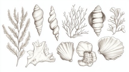 Collection of seashells and seaweed arranged on a white background Hand drawn line art illustration representing the underwater realm Suitable for prints on packaging textiles and coloring pages