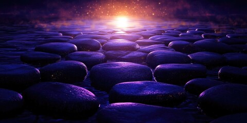 Obraz premium Light patterns reflected on flowing river stones create a natural texture background, Reflections of light on river stones create a textured background