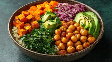 Vegan Buddha bowl with quinoa, roasted sweet potatoes, chickpeas, avocado slices, and a tahini dressing drizzle, arranged in vibrant colors