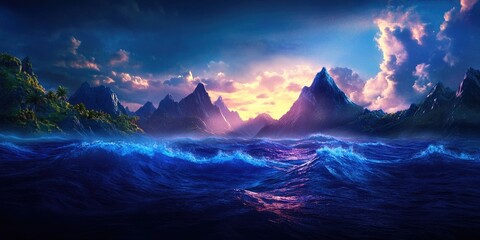Serene landscape featuring mountains and ocean waves, Tranquil scenery with mountains and ocean waves