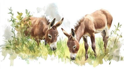 Charming donkeys grazing on lush grass Watercolor artwork depicting domestic donkeys in a meadow Rural landscape scene in a vintage illustration style Set against a white background