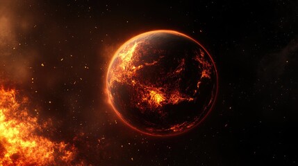 3D rendered view of a boiling hot fiery alien planet from space featuring a black background and elements of an alien star system suitable for wallpaper or banners evoking the vastness of the infi