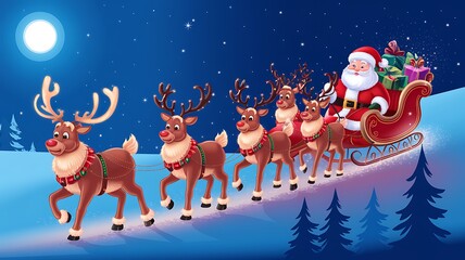 Fototapeta premium Santa Claus Riding in a Sleigh Pulled by Reindeer on a Snowy Night