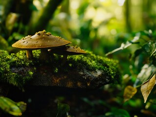 Fototapeta premium A group of mushrooms sitting on top of a moss covered log