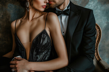 Fashion shot of sexual passionate couple in elegant evening dresses. Luxurious and glamour interior background  © Martinesku
