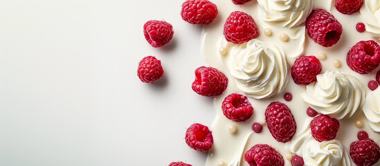 Raspberries whipped cream dessert background sweet pastry baking copy space texture swirl cooking class recipe food styling gourmet confectionery minimal banner kitchen concept flatlay