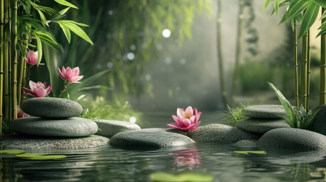 Zen garden with stones, bamboo, flowers, and water creating a tranquil atmosphere for relaxation and wellness