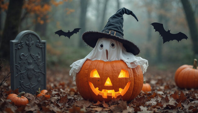 Halloween ghost inside a Pumpkin Jack-O'-Lantern,Witch Hat, bats, tombstone and spooky decorations.Ideal for Trick or Treat events october 31st celebrations