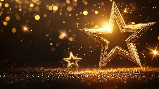 Glowing 3D gold star on a dark backdrop features stunning lighting effects and sparkle embodying a luxurious design award theme in this 2D cartoon illustration