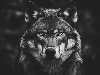 Fototapeta premium A black and white photo of a wolf in the woods
