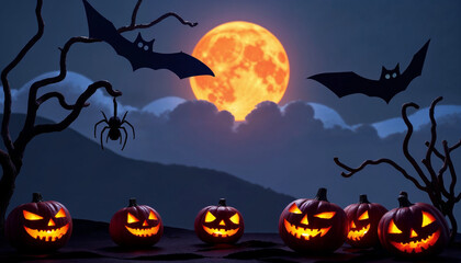 Spooky Halloween invitation background with cut-out clouds, soaring bats, and carved pumpkins. An orange full moon illuminates the night sky, a dense spider web, and a simmering witch's cauldron. Rese
