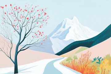 Illustration of a serene winter landscape featuring a snow covered ground winding path bare tree majestic snow capped mountain in the background and a clear blue sky
