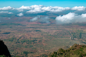 An aerial view of valleys and mountains in Lushoto Township seen from Usambara Mountains in Tanga Region, Tanzania 