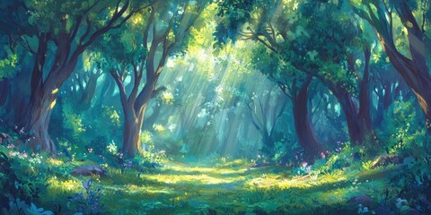 Sunlight streaming through trees in a forest setting, Sunlight filtering through trees in a forest scene
