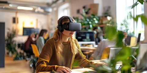 Modern hybrid office with vr technology and collaborative workspace