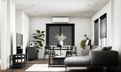 A modern living room with minimalist black and white decor, featuring a cozy sofa, dining area, large windows with blinds, and indoor plants for a calming atmosphere. interior design. 3d rendering