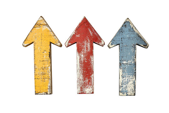 Three colorful arrows in yellow, red, and blue on a white isolated background. transparent background