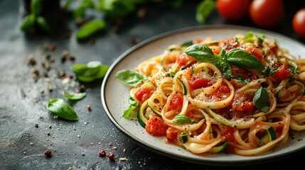 Zucchini noodles topped with a fresh tomato sauce and garnished with basil leaves, served on a large white platecb