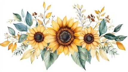 Naklejka premium Hand drawn watercolor sunflowers in a beautiful floral arrangement Stock illustration