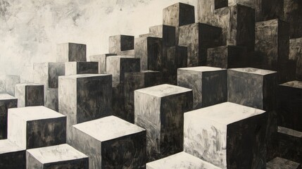 Oil painting showcasing a background composed of wooden cubes in a black and white palette