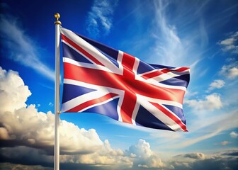 United Kingdom flag waving proudly on the right, ample blank space for text on the left.