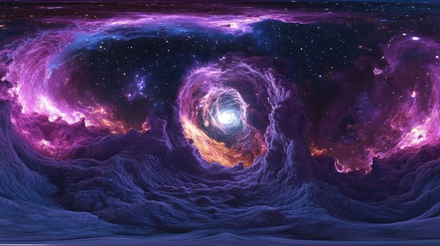 360 degree interstellar cloud of dust and gas in 3D cartoon rendering Background featuring glowing nebula space and stars Equirectangular projection spherical panorama and HDRI environment 3D illu