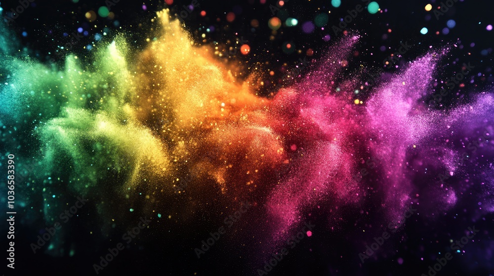 Poster abstract powder splatted background featuring a freeze motion effect of color powder exploding with 