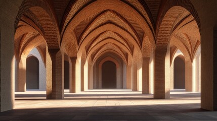 Fototapeta premium Wide view of the historical Art Caravanserai in a 3D rendering showcasing shadows and sunlight on the arches