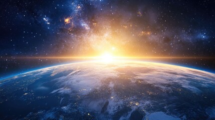 Panoramic view of the Earth sun stars and galaxy in a 3D cartoon rendering Sunrise above our planet observed from space