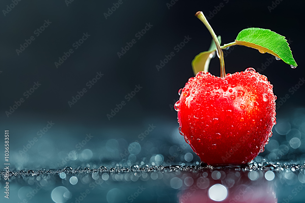 Wall mural This striking red apple glistens with fresh raindrops, showcasing its rich color and smooth texture. The soft light highlights its curves against a dark backdrop