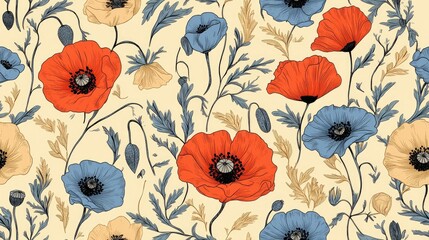 Seamless floral pattern featuring poppy flowers and leaves in shades of orange blue and red