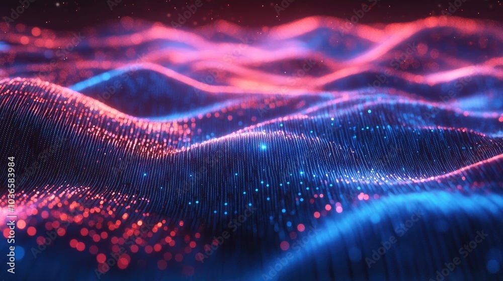 Poster futuristic digital backdrop featuring a dynamic wave of luminous points ideal for presentation desig