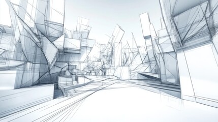 3D illustration of an abstract urban landscape featuring line drawings and innovative architectural structures in a creative perspective