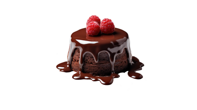 Molten chocolate cake on white isolated on clear png background and transparent background. Bakery and pastry concept for cafe and restaurent, AI generative.	