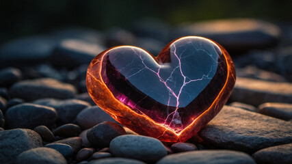 Heart-shaped stone glowing amidst dark pebbles, symbolizing warmth and inner fire.