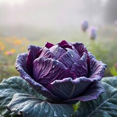 Obraz premium A dewy head of purple cabbage in the early morning, set against a foggy garden backdrop