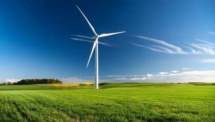 A wind turbine spinning in a vast green field under a bright blue sky, symbolizing renewable energy.