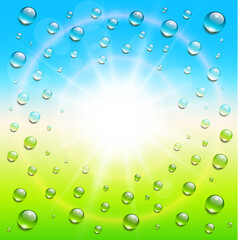 Sunny fresh background with water drops, blue and green colors, ecology concept.